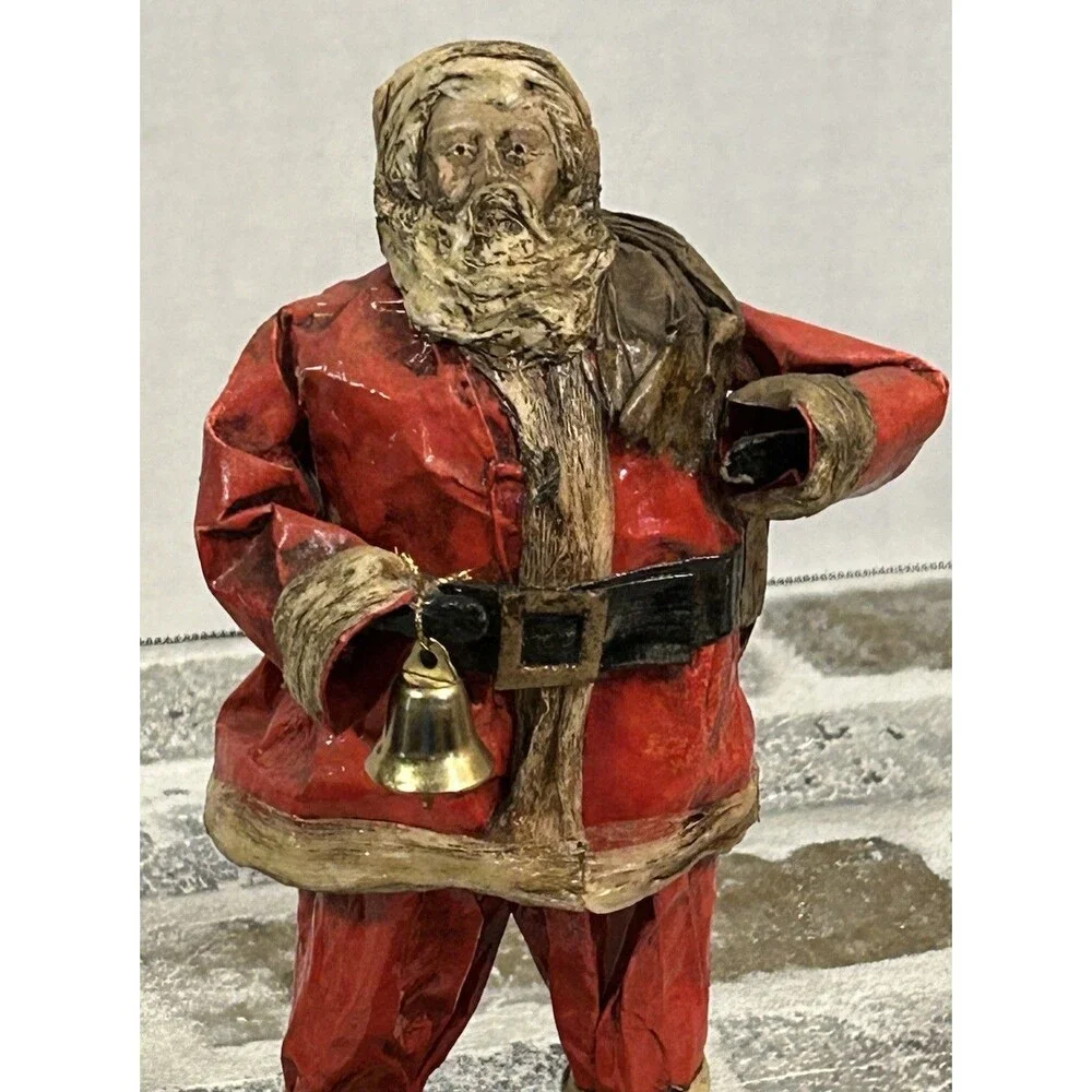 Vintage Folk Art Paper Mache’ Santa Claus Figurine Bell Bag Of Toys 8.5” High